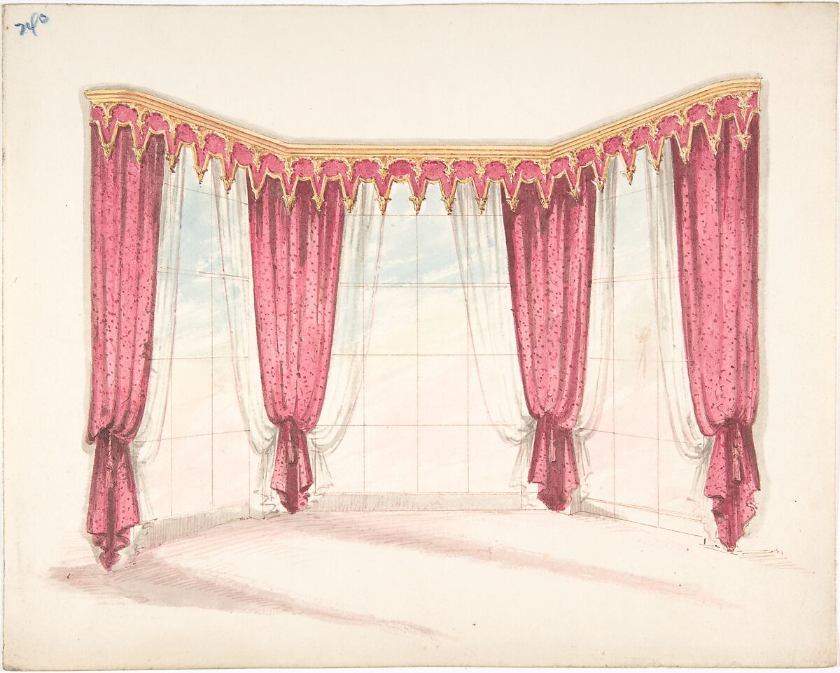 Design for Red Curtains with a Red and Gold Pelmet, Anonymous, British, 19th century, Pen and ink, brush and wash, watercolor 