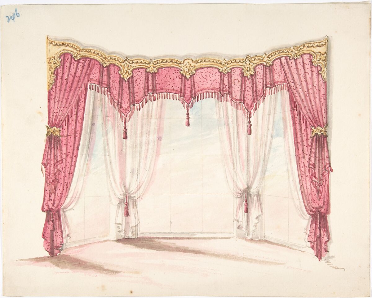 Design for Red Fringed and Tasseled Curtains with a Gold Pelmet, Anonymous, British, 19th century, Pen and ink, brush and wash, watercolor 