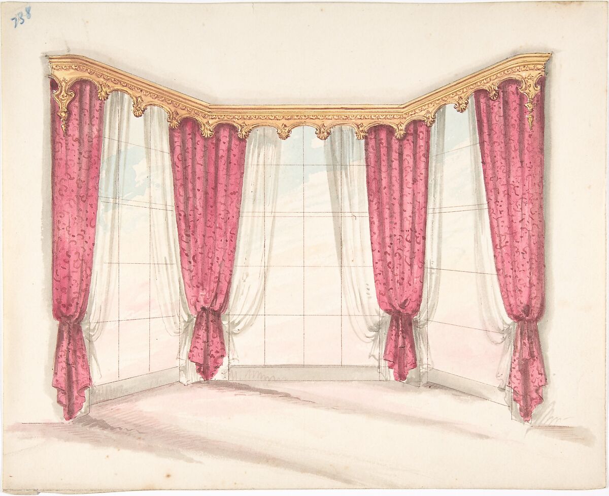Design for Red Curtains with a Gold Pelmet, Anonymous, British, 19th century, Pen and ink, brush and wash, watercolor 
