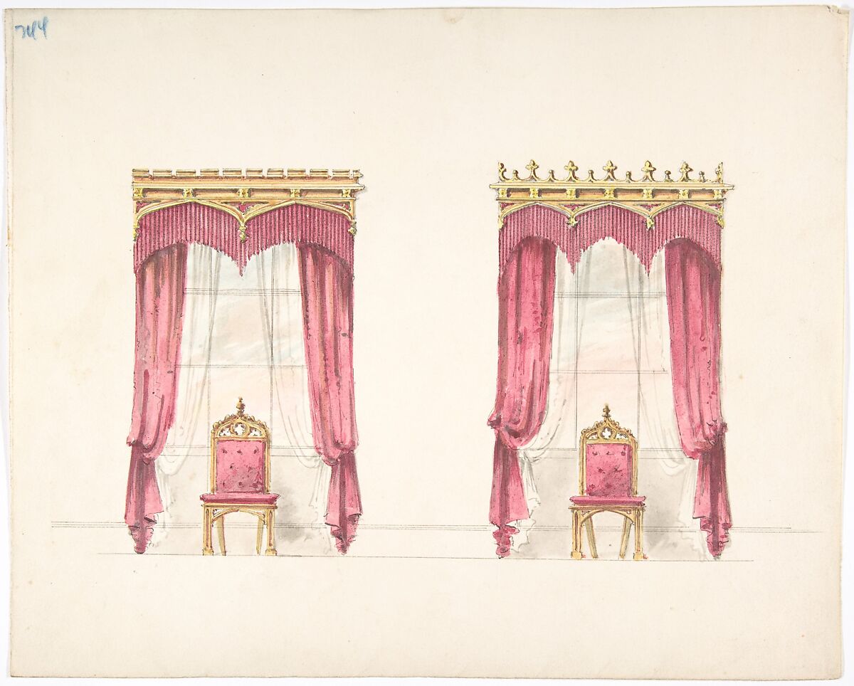 Design for Two Red Fringed Curtains with Gold Pelmets, Anonymous, British, 19th century, Pen and ink, brush and wash, watercolor 