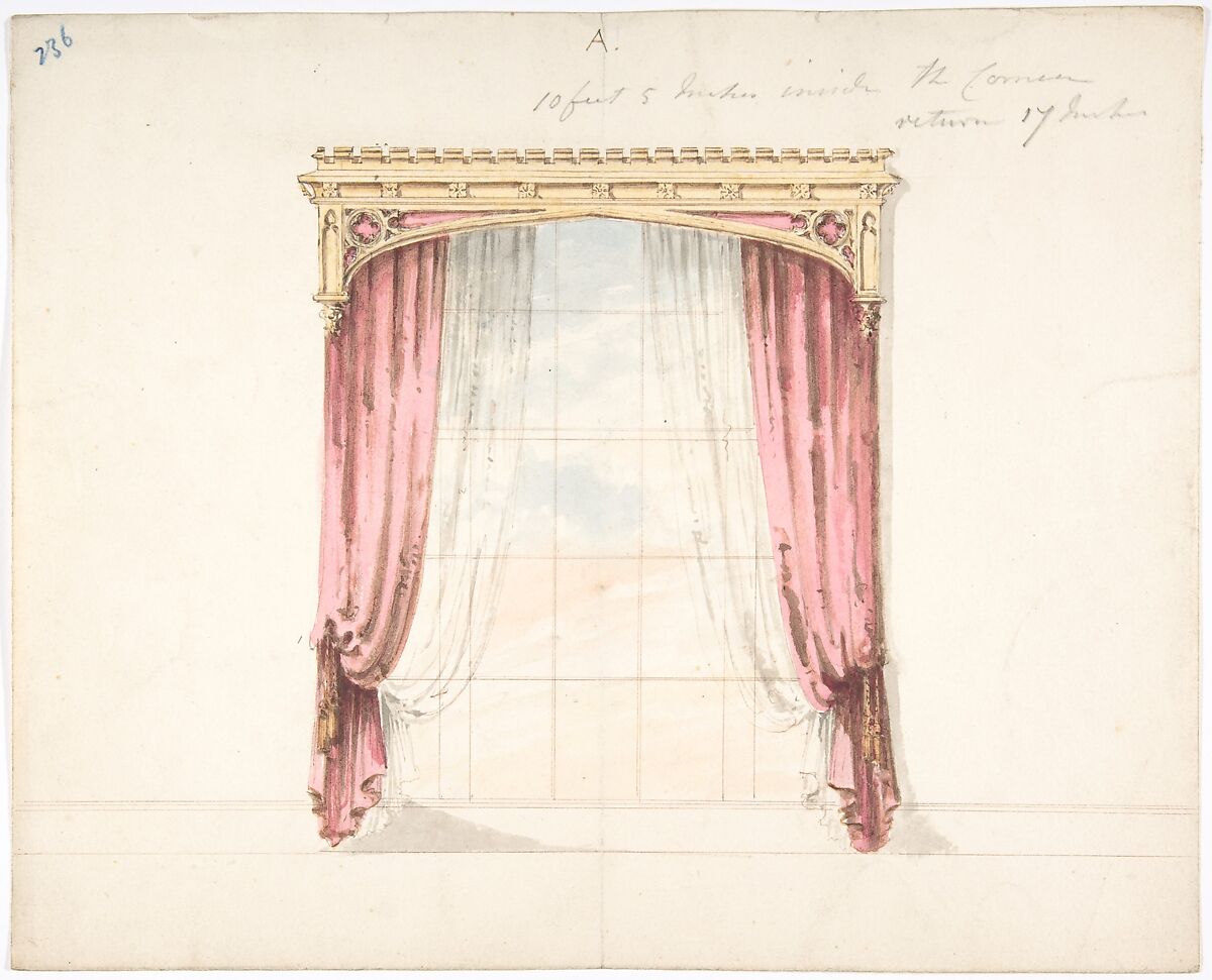 Design for Red Curtains with a Gothic Style Gold Pediment, Anonymous, British, 19th century, Pen and ink, brush and wash, watercolor 