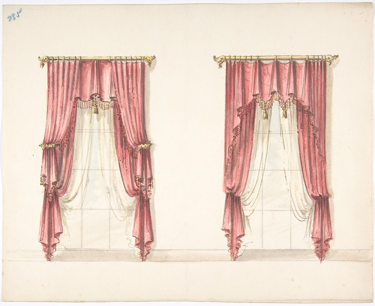 Design for Two Red Fringed and Tasseled Curtains Hanging from Rods, Anonymous, British, 19th century, Pen and ink, brush and wash, watercolor 