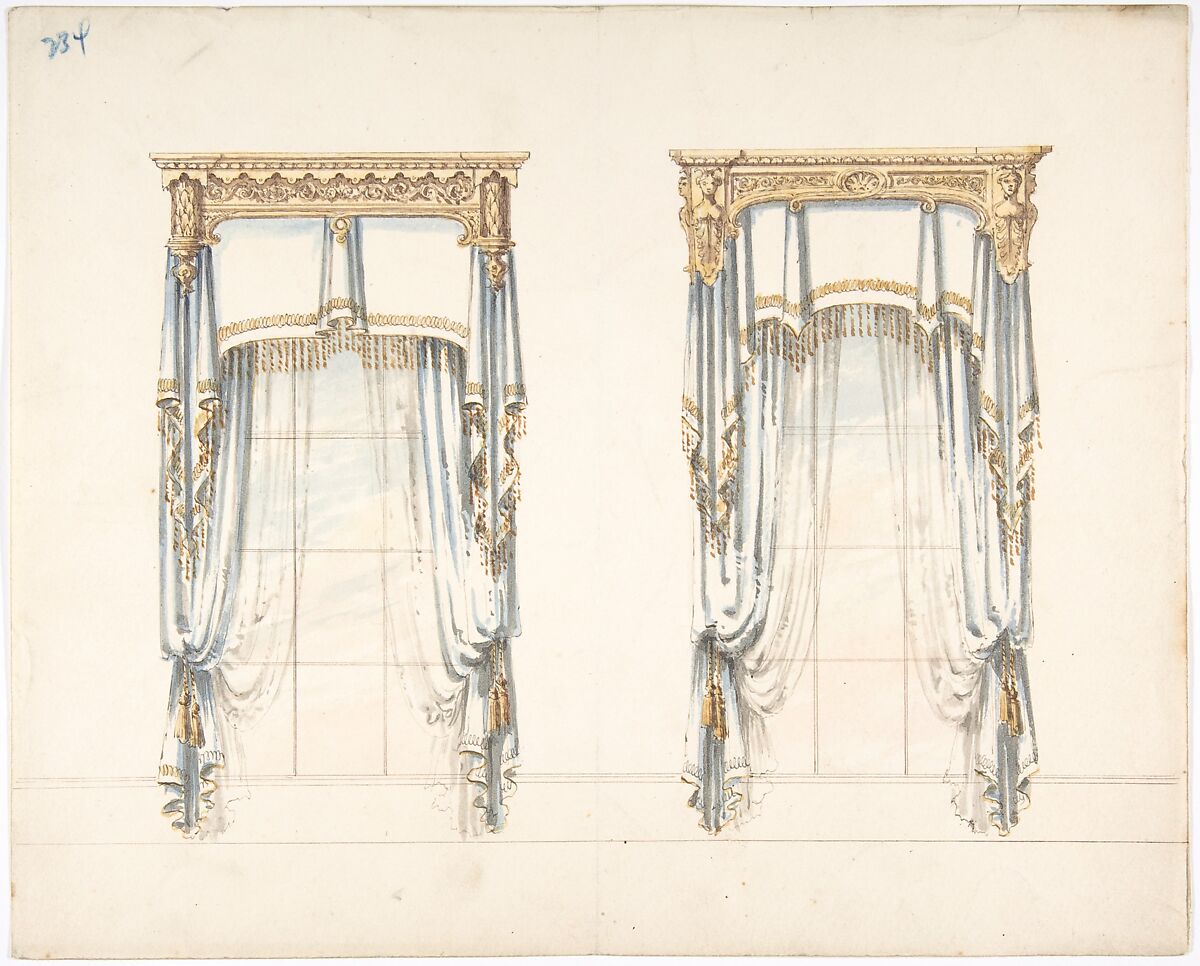 Design for Two White Curtains with Gold Fringes and a Gold Pediment, Anonymous, British, 19th century, Pen and ink, brush and wash, watercolor 