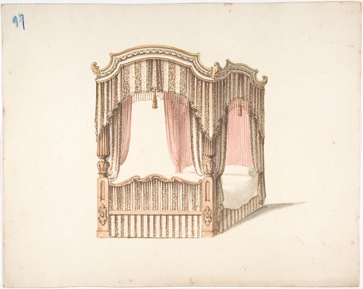 Design for a Curtained Four Poster Bed with Brown, Pink and White Striped Curtains, Anonymous, British, 19th century, Pen and ink, brush and wash, watercolor 