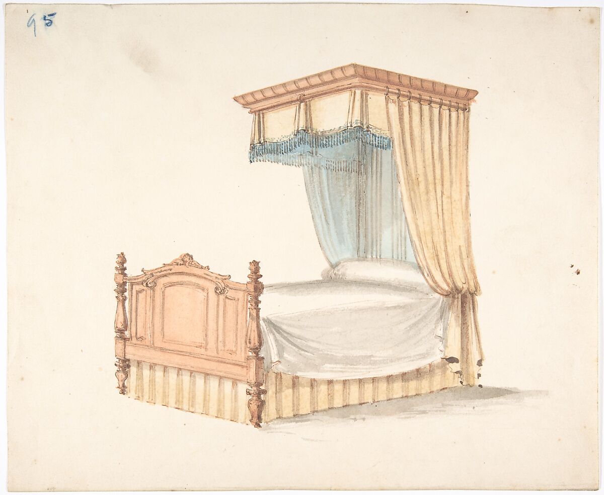 Design for a Bed with Yellow and Blue Fringed Hangings, Anonymous, British, 19th century, Pen and ink, brush and wash, watercolor 