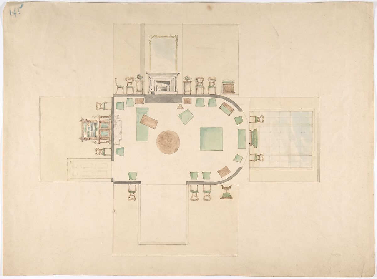 Plan and Elevations of a Room, Anonymous, British, 19th century, Pen and ink, graphite, watercolor 