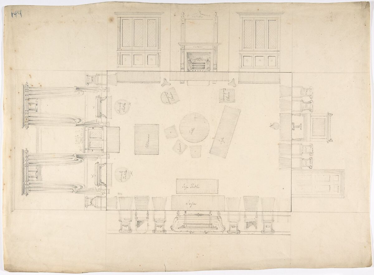 Plan and Elevations of a Room, Anonymous, British, 19th century, Graphite 