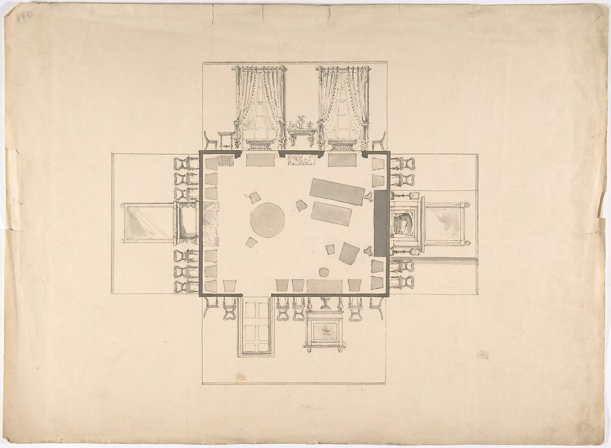 Plan and Elevations of a Room, Anonymous, British, 19th century, Pen and ink, brush and wash 