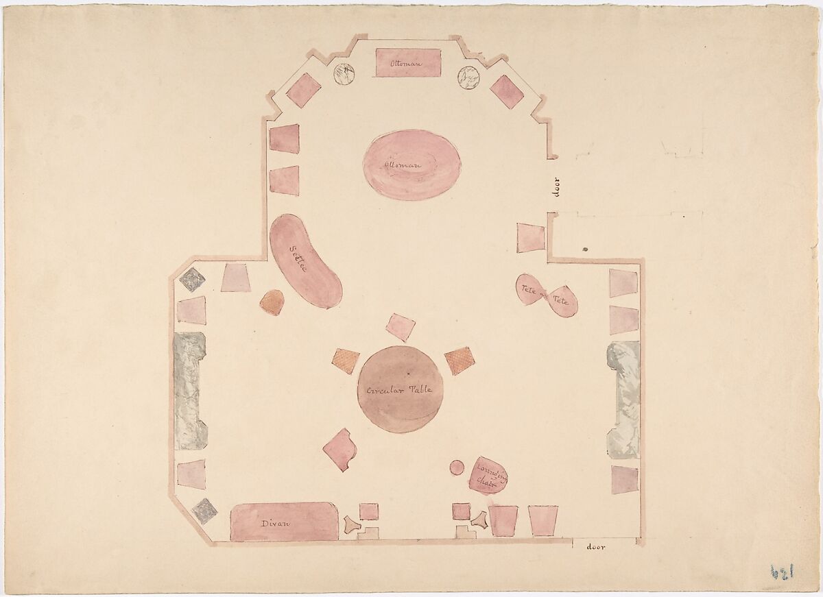 Plan of a Room, Anonymous, British, 19th century, Pen and ink, brush and wash, watercolor 