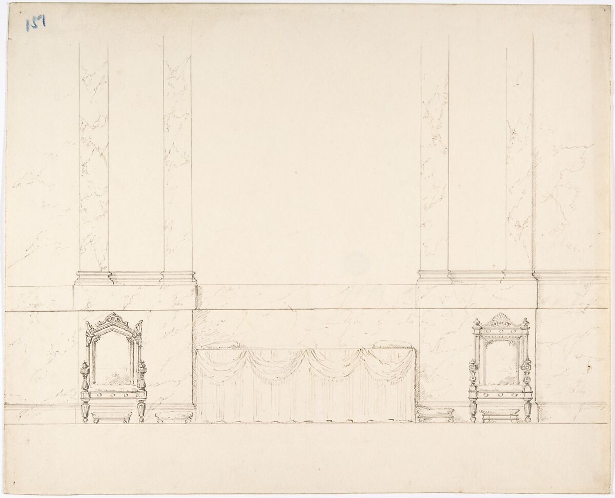 Elevation of a Wall with Marble Pilasters, a Draped Table and Two Armchairs with Footstools, Anonymous, British, 19th century, Pen and ink 
