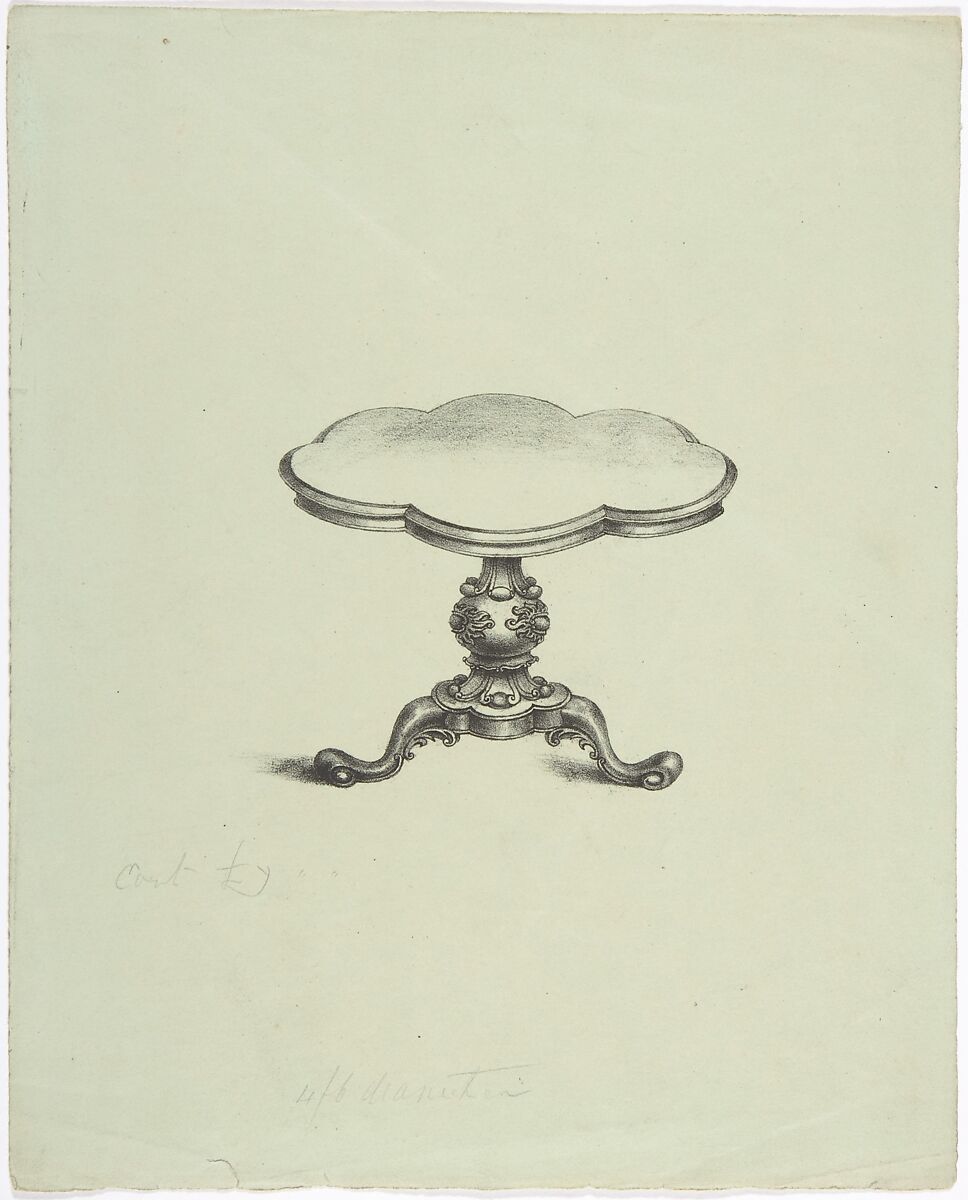 Design for a Lobed Pedestal Table, Anonymous, British, 19th century, Pen and ink on green paper 
