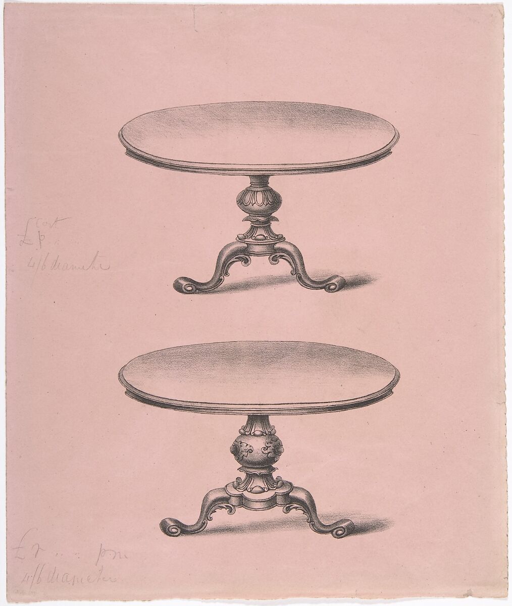 Design for Two Round-topped Pedestal Tables, Anonymous, British, 19th century, Pen and ink on pink paper 
