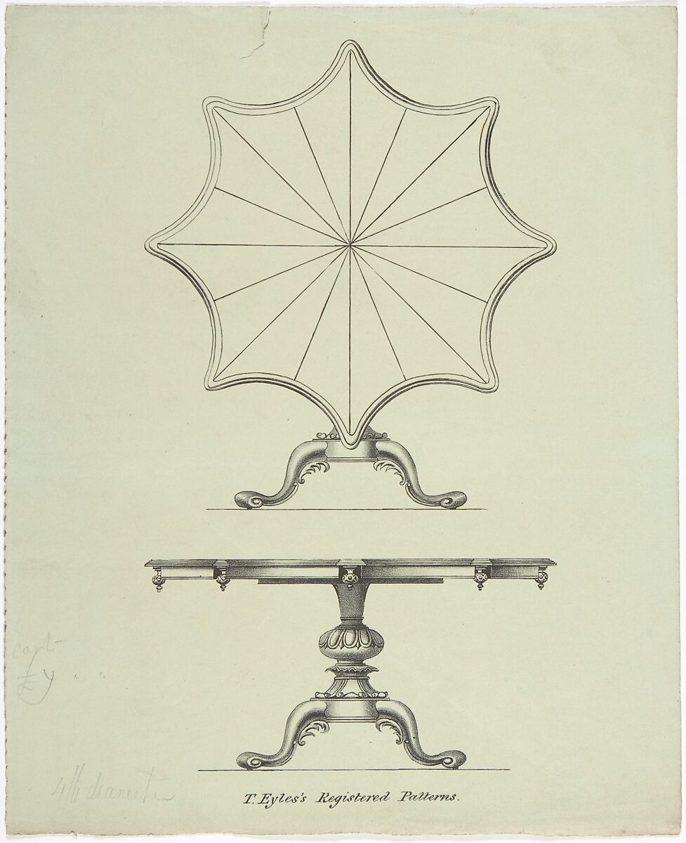 Design for a Star-shaped Tilting Pedestal Table: Two Views, Anonymous, British, 19th century, Pen and ink on green paper 