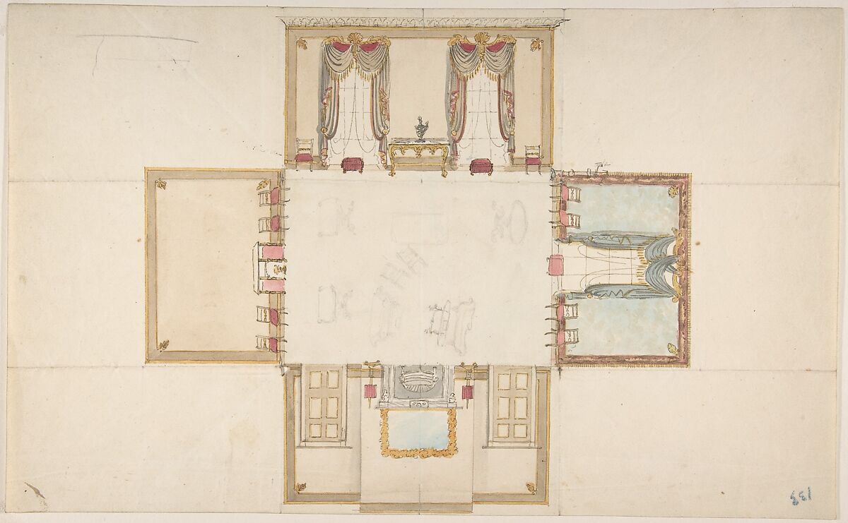 Plan and Elevations of a Room, Anonymous, British, 19th century, Pen and ink, graphite, watercolor 