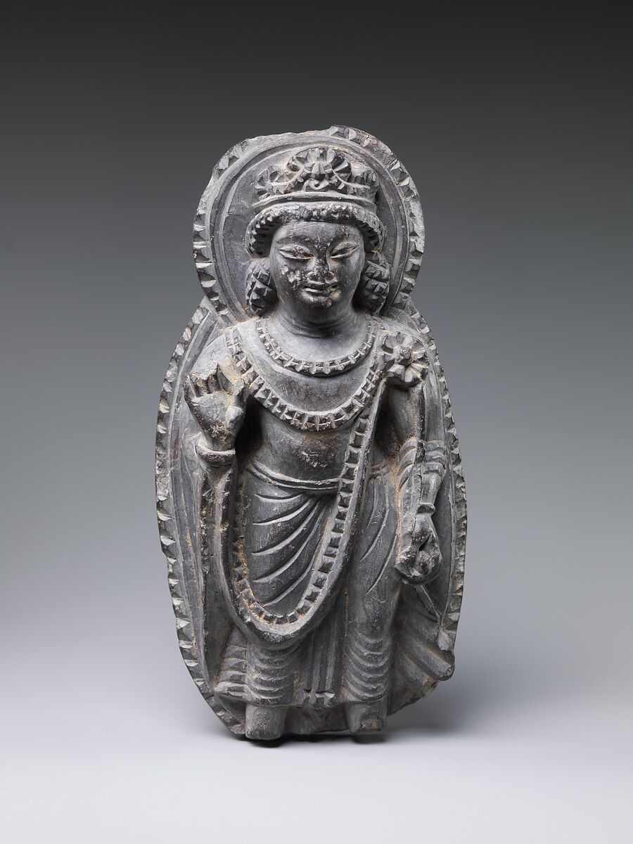 Bodhisattva with Radiate Halo and Mandorla, Phyllitic grey schist, Pakistan (ancient region of Gandhara) or India (Jammu & Kashmir) 