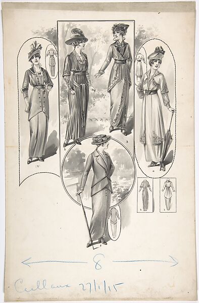 Designs for Five Women's Dresses, Attributed to A. Foa (French, active 1900–1918), Black and white gouache, pen and ink and brush 