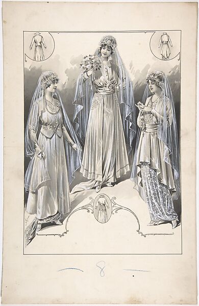 Designs for Three Wedding Gowns, A. Foa (French, active 1900–1918), Black and white gouache, pen and ink and brush 