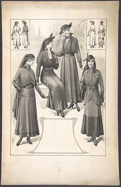 Designs for Four Women's Ensembles (Three with Veils), A. Foa (French, active 1900–1918), Gouache, pen and ink and brush 