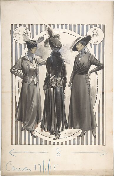 Designs for Three Women's Coats, H. Causon (British (?), active ca. 1915), Pen and black ink, brush and wash, gouache (bodycolor) 