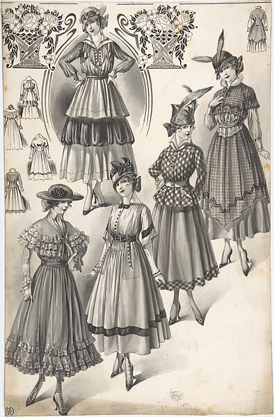 Designs for Five Women's Full-skirted Dresses, Attributed to A. Foa (French, active 1900–1918), Black and white gouache, pen and ink and brush 