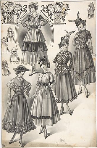 Designs for Five Women's Full-skirted Dresses
