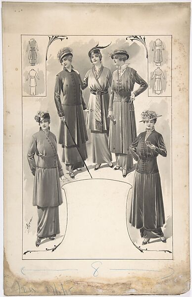 Designs for Five Women's Coats, A. Foa (French, active 1900–1918), Black and white gouache, pen and ink and brush 