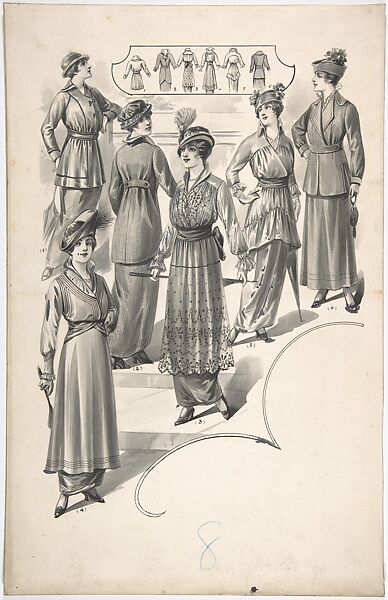 Designs for Six Women's Dresses, Attributed to A. Foa (French, active 1900–1918), Black and white gouache, pen and ink and brush 