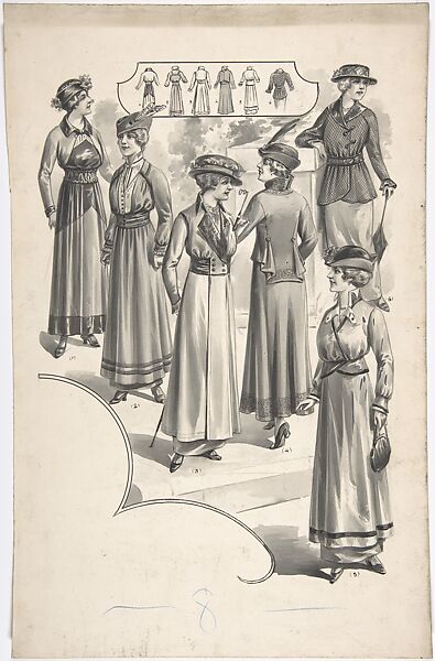 Designs for Six Women's Dresses, Attributed to A. Foa (French, active 1900–1918), Black and white gouache, pen and ink and brush 