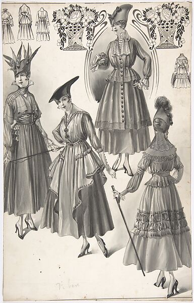 Designs for Four Women's Dresses with Full Skirts, Attributed to A. Foa (French, active 1900–1918), Black and white gouache, pen and ink and brush 