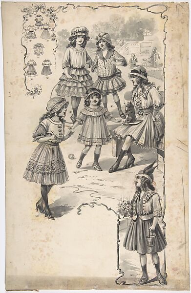 Designs for Girl's Dresses, Attributed to A. Foa (French, active 1900–1918), Black and white gouache, pen and ink and brush 