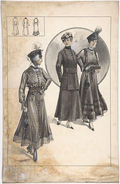 Designs for Three Women's Dresses, Attributed to H. Causon (British (?), active ca. 1915), Pen and black ink, brush and wash, gouache (bodycolor) 