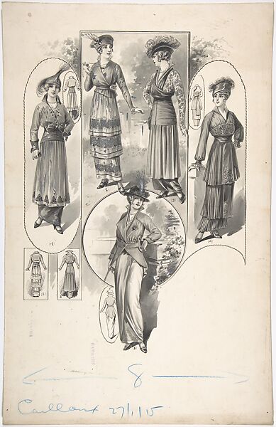 Designs for Five Women's Dresses, Attributed to A. Foa (French, active 1900–1918), Black and white gouache, pen and ink and brush 