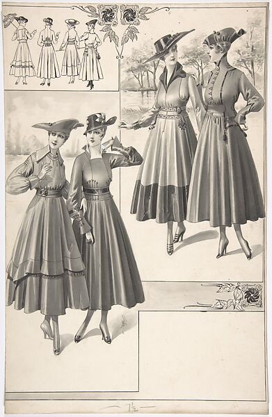 Designs for Four Women's Full-skirted Dresses, A. Foa (French, active 1900–1918), Black and white gouache, pen and ink and brush 