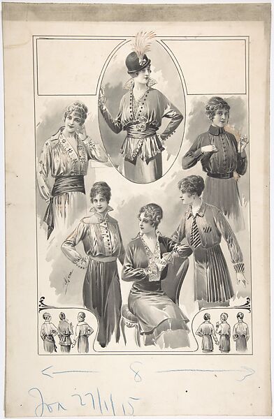 Designs for Six Women's Blouses, A. Foa (French, active 1900–1918), Black and white gouache, pen and ink and brush 