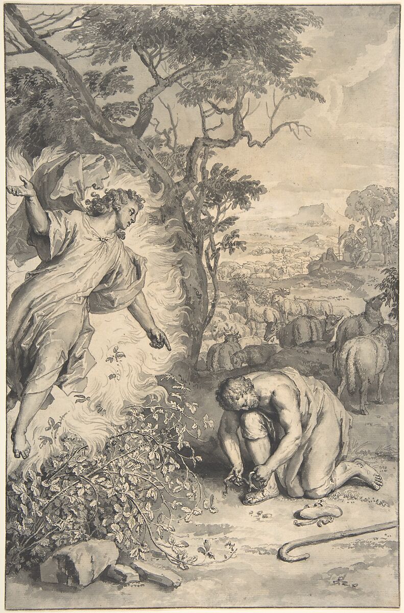 Moses and the Burning Bush, Gerard Hoet (Dutch, Zaltbommel, Gelderland 1648–1733 The Hague), Pen and point of brush and ink, brush and gray wash, heightened with white; framing lines in pen and brown ink 