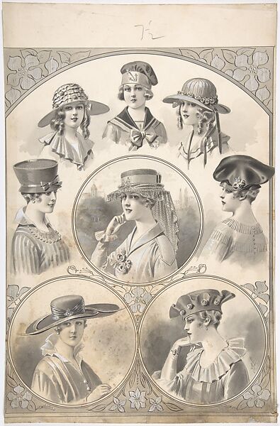 Designs for Hats for Women and Girls, A. Foa (French, active 1900–1918), Black and white gouache, pen and ink and brush 
