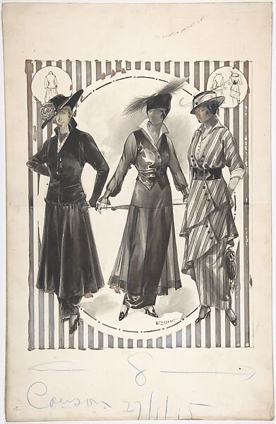 Designs for Three Women's Ensembles, H. Causon (British (?), active ca. 1915), Pen and black ink, brush and wash, gouache (bodycolor) 