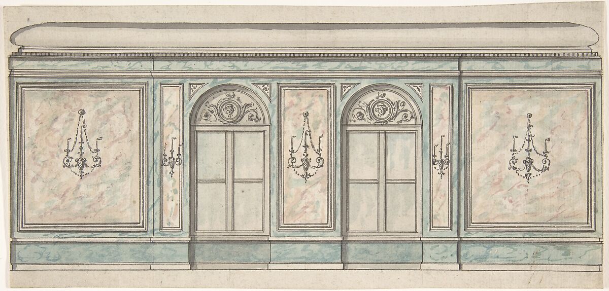 Elevation of a Wall with Two Windows and Five Wall Lights, Anonymous, British, 19th century, Pen and ink and watercolor 