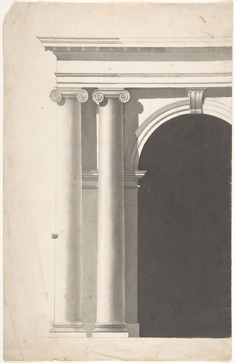 Architectural Portal with Paired Planking Ionic Columns (only left-hand columns and part of arched opening shown), Anonymous, British, late 18th–early 19th century, Pen and black ink, brush and gray wash 
