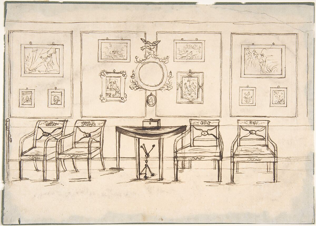 Interior with Four Armchairs, a Round Mirror, Demilune Table and Framed Prints or Drawings, Anonymous, British, late 18th century, Pen and black ink 