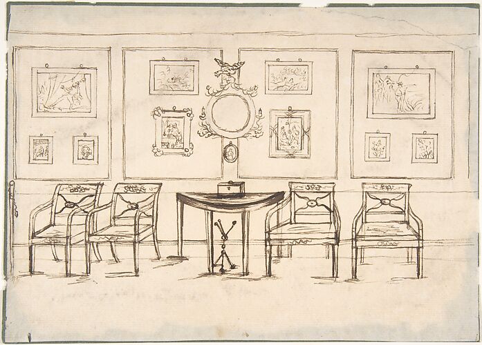 Interior with Four Armchairs, a Round Mirror, Demilune Table and Framed Prints or Drawings