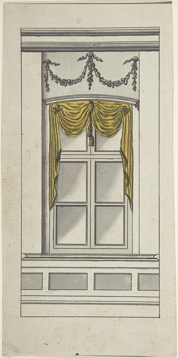 Design for a Window with Yellow Drapery, Attributed to Anonymous, German, 18th century, Ink and wash and watercolor 