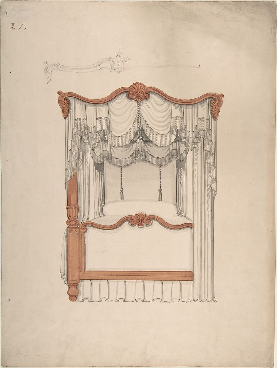 Design for a Four-poster Bed with Draperies, Anonymous, British, 19th century, Pen and ink, brush and wash and watercolor, over graphite 