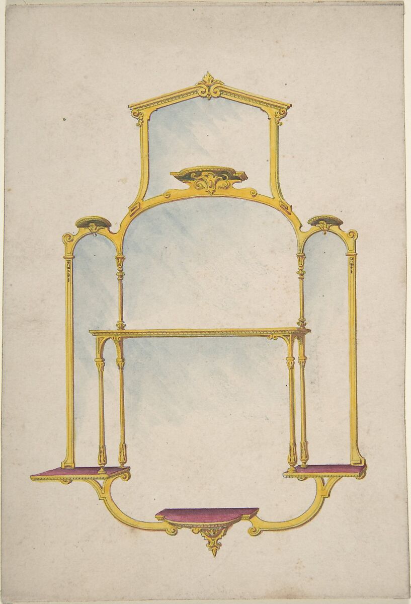 Design for a Hanging Mirror with Shelves, Anonymous, British, 19th century, Pen and ink and watercolor 