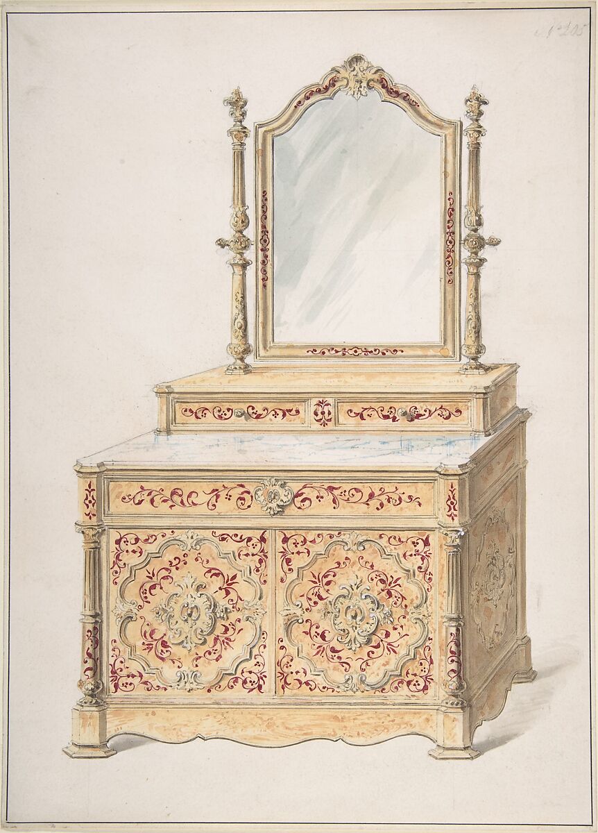 Design for a Marble-topped Cabinet and Mirror, Anonymous, British, 19th century, Pen and ink, brush and wash, watercolor 