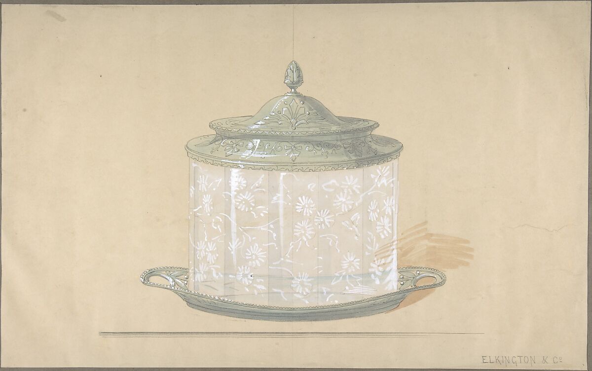 Design for a Crystal Jar with a Silver-Plated Base and Cover, Elkington &amp; Co. (British, ca. 1830–1963), Watercolor and  gouache (bodycolor) on beige paper 