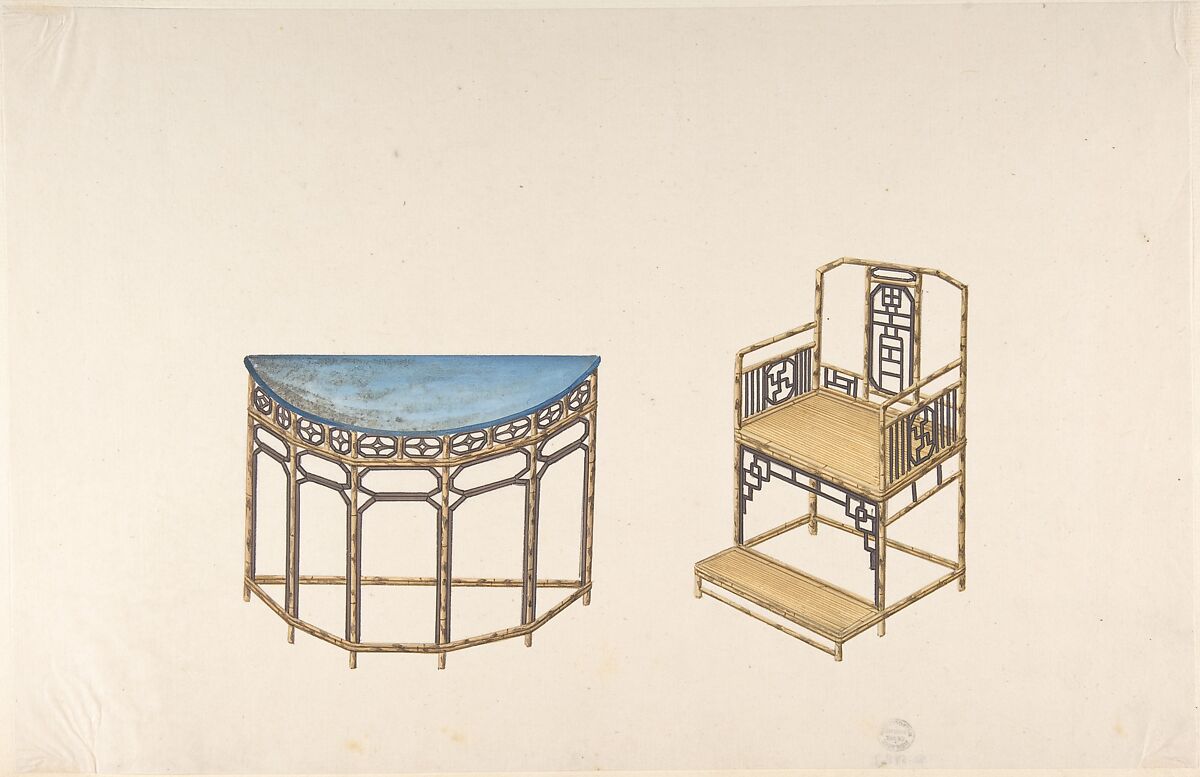 Design for Export Furniture, Anonymous, Chinese, 19th century, Watercolor over graphite 