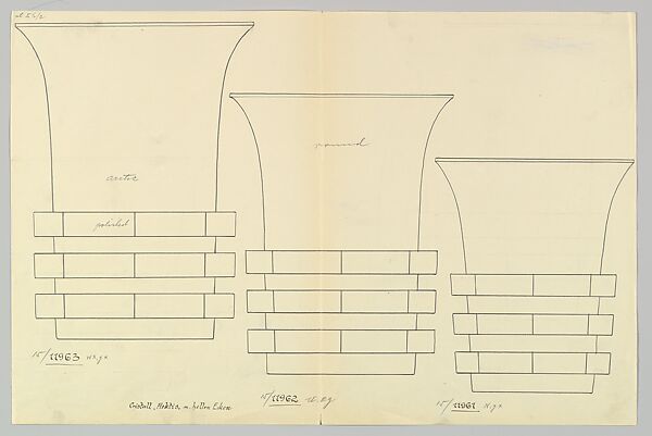 Design for Three Vessels in the Arctic Pattern, Anonymous, Czech, early 20th century, Ink on cream paper 