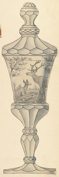 Design for Covered Glass Goblet Decorated with Stags, Anonymous, Czech, early 20th century, Ink and wash on paper 