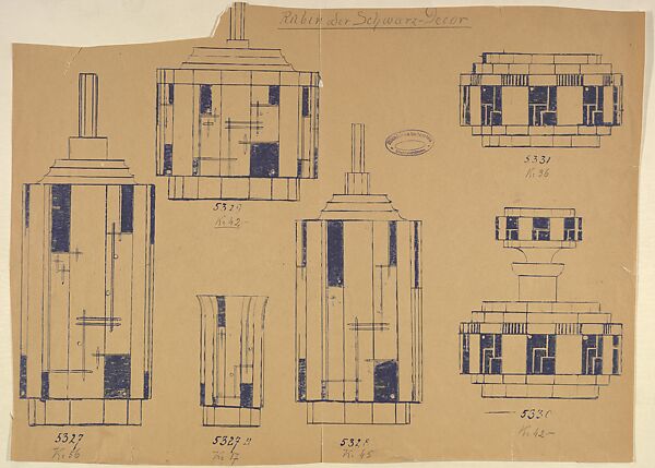 Design for Cut Glass Bottles, Boxes and Tumbler, Wilhelm Kralik Glasraffinerie (formerly Gebrüder Pallme König) (Czech), Blue ink on brown paper (mimeograph/blue print reproductive process?) 